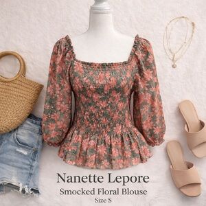 Nanette Lepore Smocked Floral Peplum Blouse Pink Green Cottagecore Top Size S